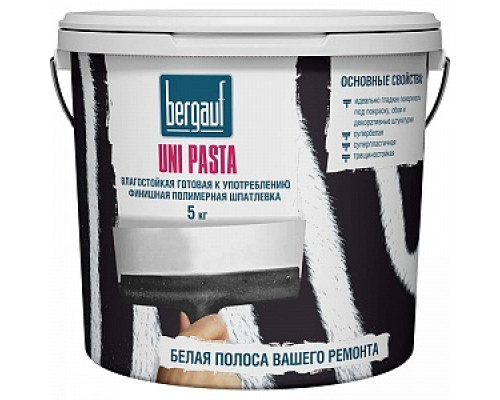 Шпатлевка влагостойкая готовая финишная полимерная Bergauf "Uni Pasta", 25 кг Шпатлевки готовые Шпатлевки Сухие смеси СТРОЙМАТЕРИАЛЫ