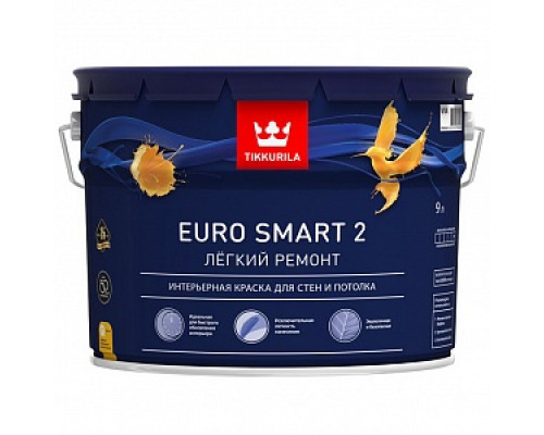 Краска водоэмульсионная EURO 2 SMART глубокоматовая, белая, Tikkurila (9л) Краски для бытового применения Краска для стен и потолков "PREMIUM" Tikkurila Краска для стен и потолков Premium Краска для стен и потолков Интерьерные краски Краски водно-дисперсионные Лакокрасочные материалы ОТДЕЛОЧНЫЕ МАТЕРИАЛЫ