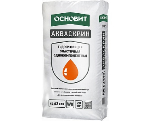 Гидроизоляция однокомпонентная эластичная ОСНОВИТ "Акваскрин HC 62 E1k", 20 кг Гидроизоляция эластичная Гидроизоляция Сухие смеси СТРОЙМАТЕРИАЛЫ