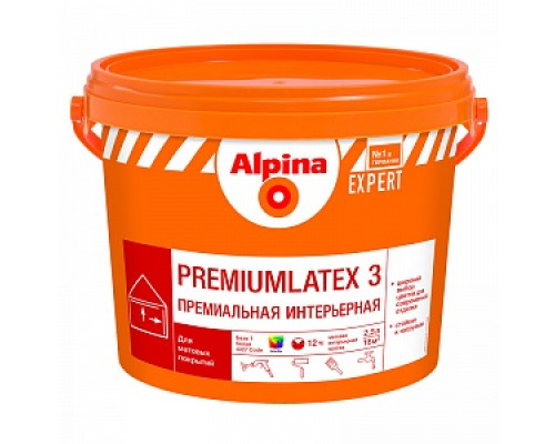 Краска интерьерная ALPINA EXPERT PREMIUMLATEX 3, матовая, База 1, 10л / 23232 Краска для стен и потолков ALPINA Краска для стен и потолков Стандарт Краска для стен и потолков Интерьерные краски Краски водно-дисперсионные Лакокрасочные материалы ОТДЕЛОЧНЫЕ МАТЕРИАЛЫ