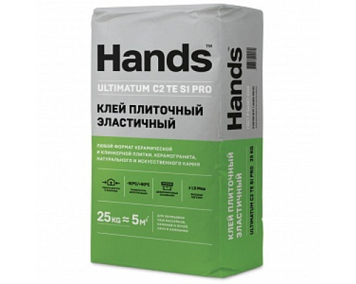 Клей плиточный эластичный Hands Ultimatum PRO (C2 TES1), 25 кг Клеи плиточные Клеевые составы Сухие смеси СТРОЙМАТЕРИАЛЫ